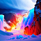 Dramatic icy landscape with red rock formations under surreal sky