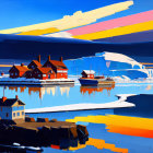 Vivid coastal painting with houses, boats, icebergs, and layered sky