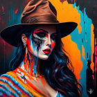 Colorful digital artwork of woman with paint dripping effects, hat, makeup, haunting gaze