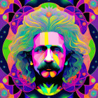 Colorful psychedelic portrait of a man with mustache and beard in neon palette