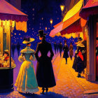 Victorian Era Night Street Scene with Elegantly Dressed Couples Strolling