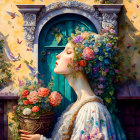 Woman with flower crown by teal door holding vase with birds fluttering