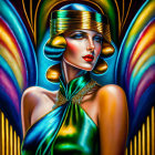 Colorful digital artwork: Woman in 1920s fashion with metallic hat and shiny gown