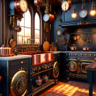 Luxurious steampunk-style kitchen with copper utensils and vintage clocks