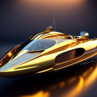 Golden futuristic yacht with glowing elements hovering over reflective surface