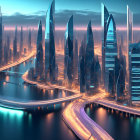 Futuristic Twilight Cityscape with Skyscrapers and Glowing Roads