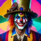 Vibrant Clown with Colorful Costume and Top Hat on Rainbow Background