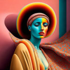 Blue-skinned woman in wide-brimmed hat and mustard garment on pink and teal backdrop