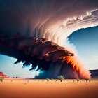 Surreal desert landscape with towering dunes under massive wave-like cloud.