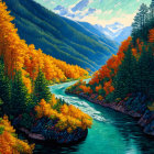 Scenic autumn forest with river and snow-capped mountains