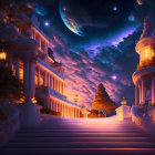 Digital artwork featuring palatial buildings under a crescent moon & planets