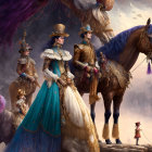 Victorian-era scene with elegantly dressed individuals on adorned horse surrounded by floating balloons.