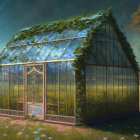 Idyllic greenhouse with glass panels and vines in tranquil field