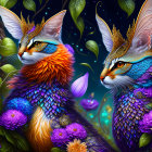 Mystical cats with butterfly wings in vibrant floral scene