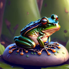 Colorful digital art: Green frog on stone with orange mushrooms in forest.