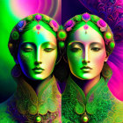 Symmetrical faces with floral crowns in vibrant digital art