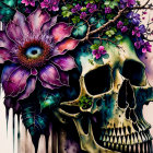 Colorful nature-themed artwork with skull, flowers, vines, leaves, and butterflies.