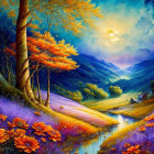 Surreal landscape with orange foliage, river, starry sky, full moon, mountains, flowers