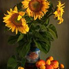 Bright Yellow Sunflowers Bouquet in Green Vase Post-Impressionist Painting