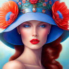 Vibrant digital portrait of a woman with red hair and blue hat