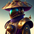 Regal figure in purple garments and gold-trimmed hat against sunset sky