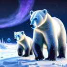 Polar Bear and Cub with Sparkling Texture on Snowy Night Sky