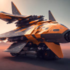 Sleek orange and gray spacecraft on desert terrain at dusk