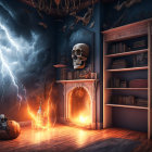 Dark and eerie room with fireplace, candles, skulls, books, under stormy sky