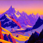 Colorful digital artwork of purple peaks and orange-lit snow in a mountainous landscape