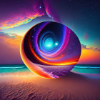 Surreal Beach Landscape with Galaxy Portal at Sunset