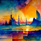 Colorful Watercolor Painting of Sunset with Geometric Shapes, City Skyline, and Starry Sky