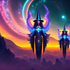 Fantasy illustration of witches with glowing wings in cosmic setting