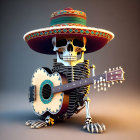 Skeleton in Sombrero Leaning on Guitar: 3D Day of the Dead Illustration