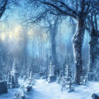 Snowy Cemetery with Tombstones and Statues Under Dimly Lit Sky