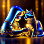 Glowing girl and cat in ornate blue and gold attire on shimmering backdrop