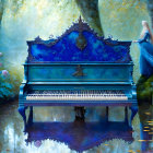 Ornate blue piano in misty forest with woman in flowing dress