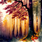 Colorful Autumn Forest Scene with Falling Leaves and Sunbeams