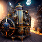 Steampunk machine with gears and pipes in a warm wooden room