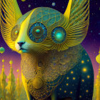 Cosmic cat with golden patterns on starry night sky