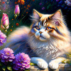 Fluffy cat with amber eyes in vibrant floral setting