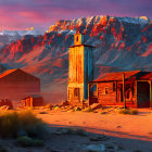 Deserted Old Western Town at Sunset with Wooden Buildings and Red Mountains