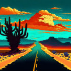 Scenic desert road with mountain, cactus, and colorful sky