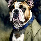 Stylized illustration of dog in human-like attire with blue adornment and jacket