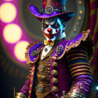 Menacing clown in purple and gold costume with top hat against circus tent backdrop