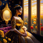 Woman in golden gown gazes at sunset through window with mirror and landscape view.