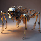 Digital artwork: Human skull on mechanical insect body with metallic bones and sharp limbs on smoky background