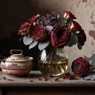 Deep red roses and dark foliage in glass vase with copper tea pot on moody backdrop