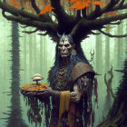 Mystical figure in misty forest with orange mushrooms and tribal jewelry