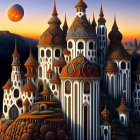 Fantasy landscape featuring castle-like buildings, two moons, and rolling hills.