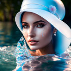 Digital Artwork: Woman with Elaborate Makeup and Jewelry in White Hat Submerged in Blue Water